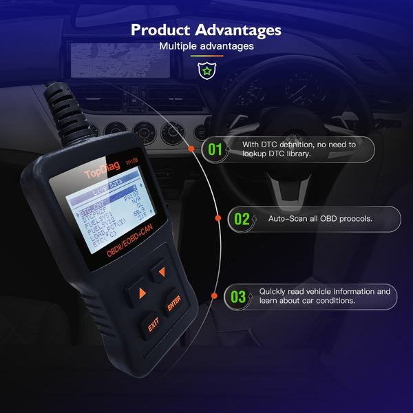 JDiag TP109 OBD2 scanner automobile engine fault code reader – Meterport