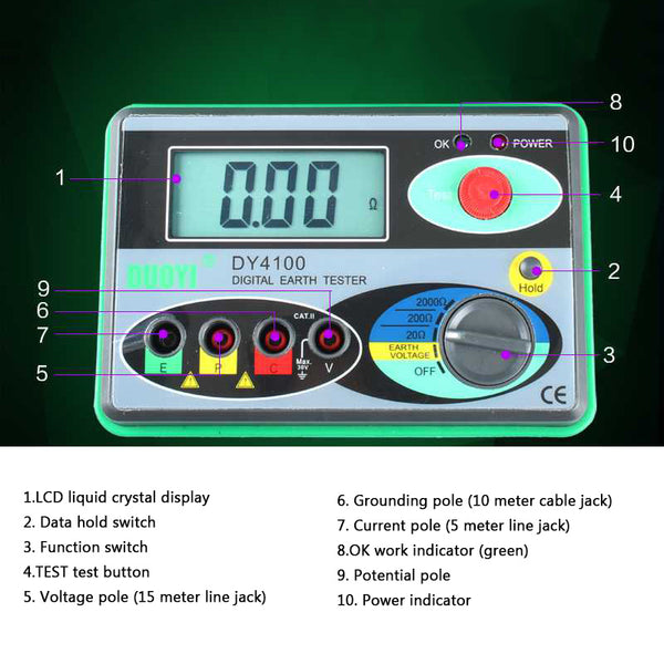 DUOYI DY4100 digitale aarde grondweerstand Tester Multimeter Weerstand Meeter DUOYI DY4100 digitale aarde grondweerstand Tester Multimeter Weerstand Meeter